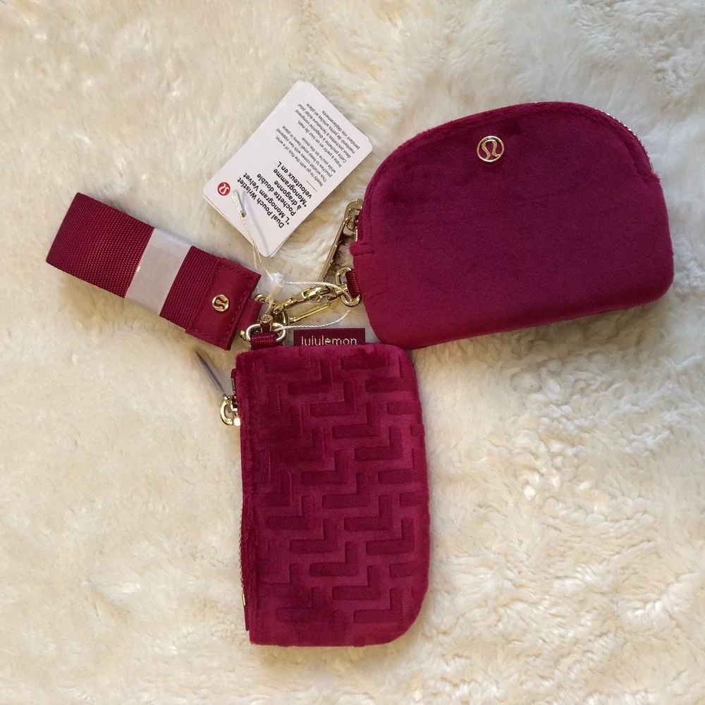 Lululemon Dual Pouch‎ Wristlet L Monogram Velvet Berry Rumble Wristlet NWT